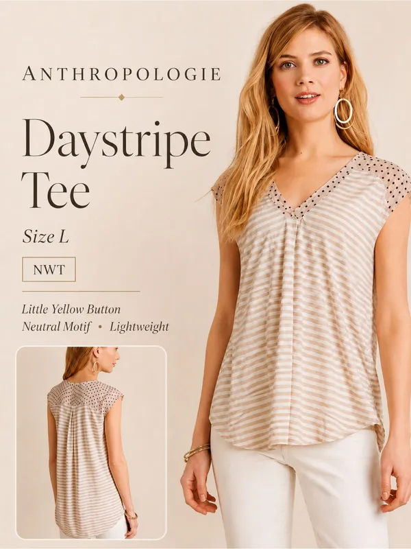 Anthropologie‎ Neutral Beige & White Striped V‑Neck Tee - Image 2