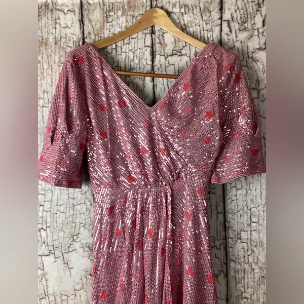 Faeriesty Glam Pink Sequin Midi Dress Sparkle Luxury Luxe Hearts Dance Party M - Image 3