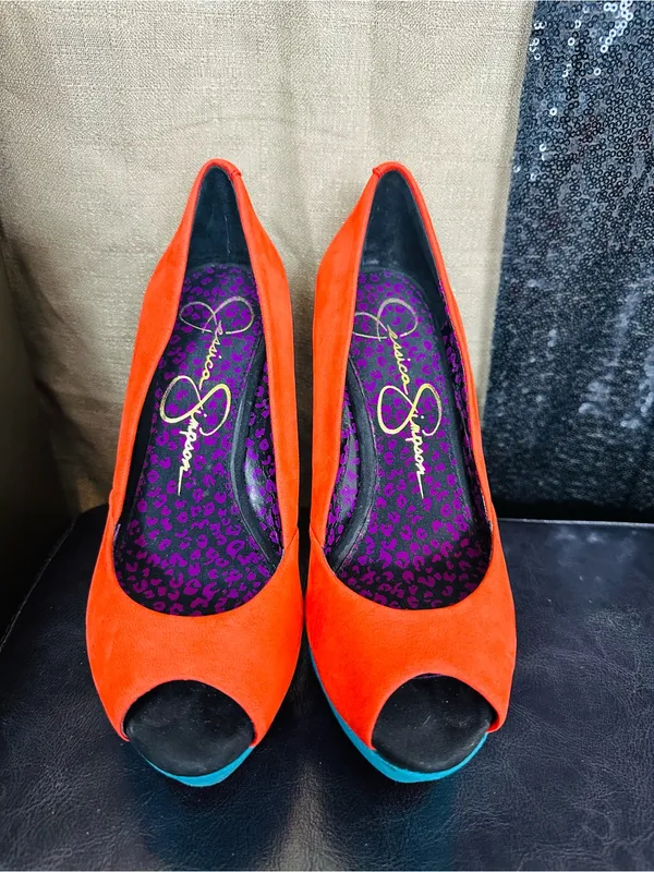 Jessica Simpson Orange and Blue Suede Peep-Toe Wedge Heels - Image 4
