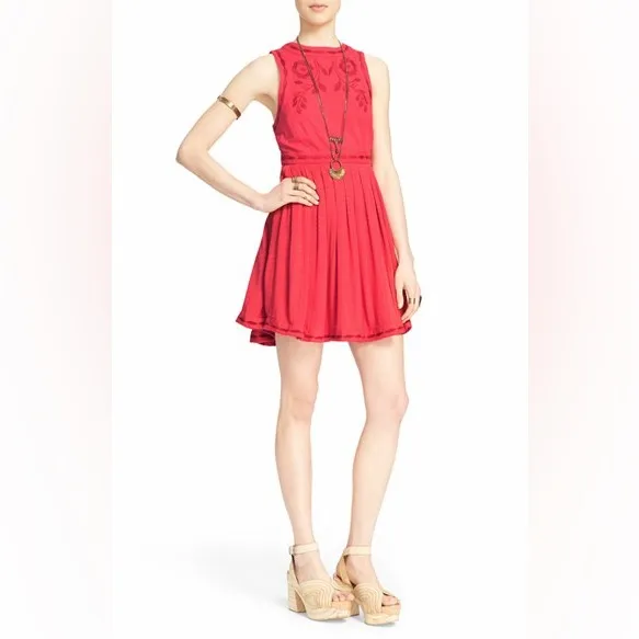 Free People Red Birds of a Feather Embroidered Mini Dress 12 Boho Folk Romantic - Image 6