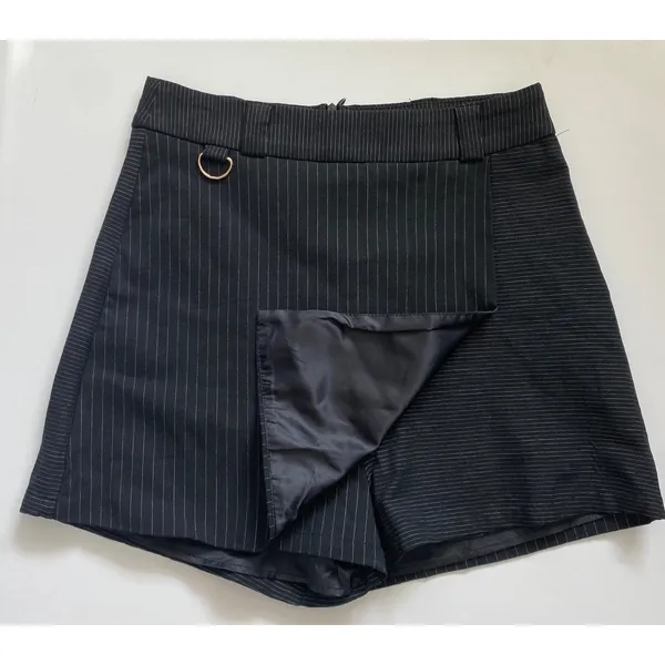 Princess Polly Black Everly Pinstripe‎ Skort Asymmetrical Wrap Front D-Ring 6 - Image 4