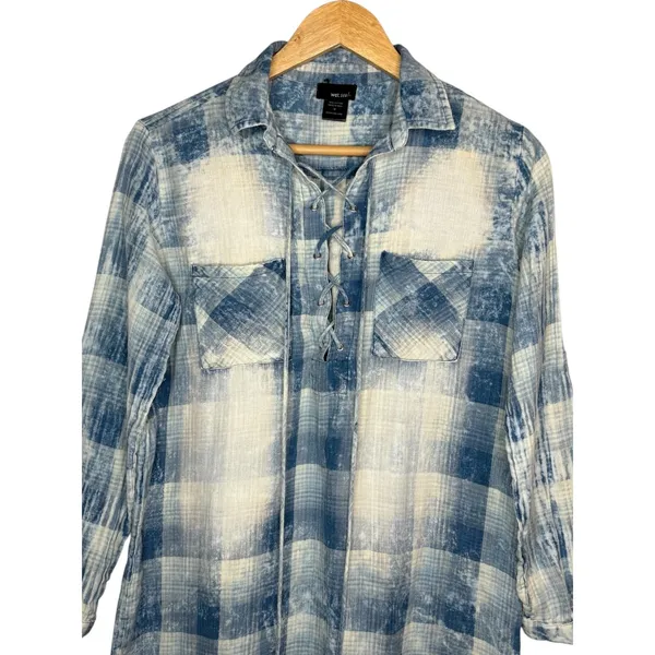 Wet Seal‎ Plaid Lace Up Tunic Womens Medium Blue Distressed Roll Tab Sleeve - Image 6