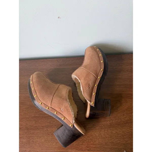 Ugg 7 Womens Chestnut Suede Leather Sherpa Lined Studded Slip On Mule Clog - Image 6
