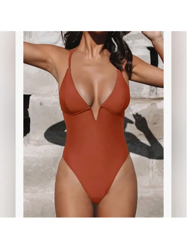 NEW CUPSHE Swimsuit One Piece Bathing Suit Deep V Crisscross Back Adjustable S - Image 5