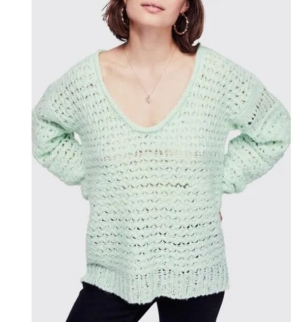 Free People Crashing Waves Pullover Sweater Seamist XS Wool Blend C2 - Image 2