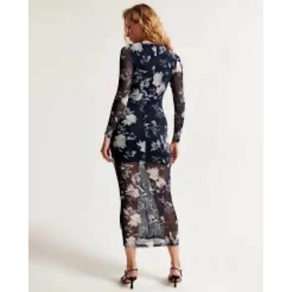 Abercrombie &‎ Fitch Navy Blue Floral Ruched Mesh Maxi Dress Large Stretch NWT - Image 2