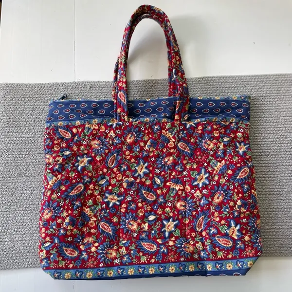 Vintage Handmade Quilted Red Blue Paisley Floral Padded Tote Shoulder Bag - Image 7