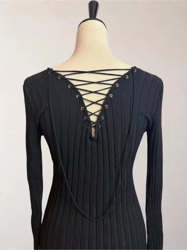 Black Lace Up Ribbed Long Sleeve Top Size L Y2K Whimsigoth Soft Goth - Image 6