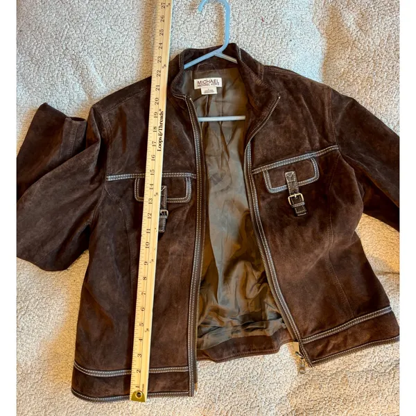 Michael Michael Kors Brown Suede Leather Jacket Contrast Stitch Buckle Large - Image 10