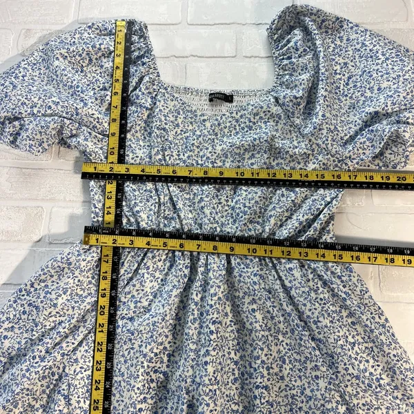 Mikarose Dress Womens Large Blue Floral Puff Sleeve Milkmaid Smocked Pockets‎ L - Image 3