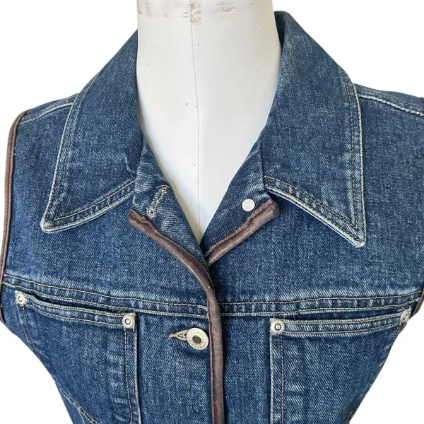 Vintage 90s Liz Claiborne Blue Denim Vest Leather Trimmed M Grunge Preppy Boho - Image 7