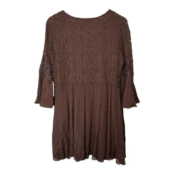 Indigo Soul Mini Dress Womens Medium Brown‎ Gored Crochet Lace Bell Sleeve Boho - Image 4