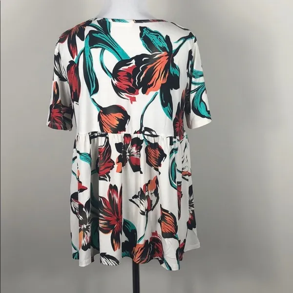 Floral Lace Up Babydoll Top Short Sleeve V Neck Stretch Blouse Size Small - Image 6