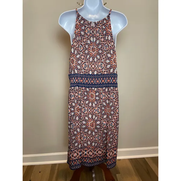 London Times Orange Blue Boho Halter Midi Dress Size 14 - Image 4