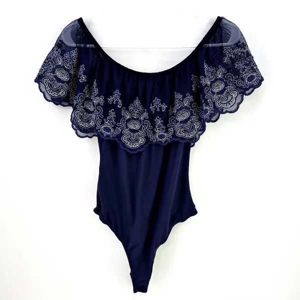 Alya Boutique Blue White Embroidered Scalloped Off Shoulder Blouse Bodysuit - Image 2