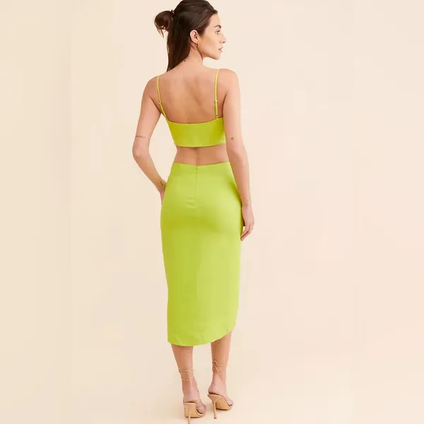 FARM Rio Mia 100% Linen Leaf Midi Skirt Neon Green - Image 2