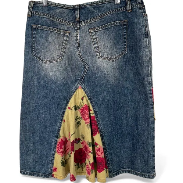Vintage Y2K 90's Express 7/8 Denim Skirt Corduroy Floral Patches Ruffle Low rise - Image 3