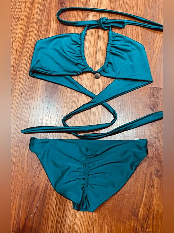 Seafolly Emerald Green Bikini Set Wrap Halter Cutout Top Ruched Bottoms - Image 2