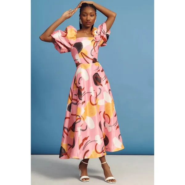 Aureta Anthropologie Studio Printed Puff Sleeve Maxi Cut Out Dress Pink Abstract - Image 2
