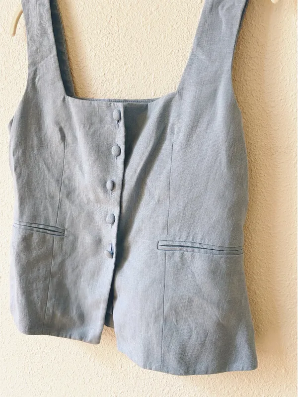 Sézane Zelinda Blouse Light Blue Linen Vest Size 38 US 6 Minimalist Coastal - Image 3