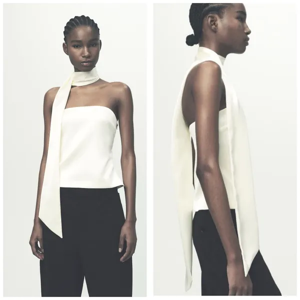 Zara White Satin Strapless Neck Tie Top Size XXL Sash Party Goinv Out 2228/381 - Image 2