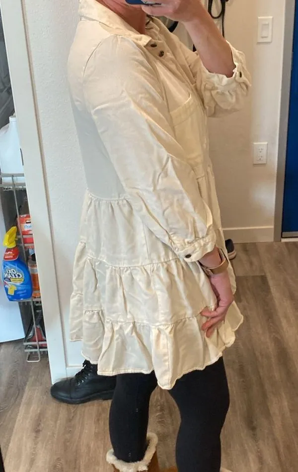 ZARA poplin long collared shirt dress tiered cream ivory ecru 3/4 sleeve large - Image 9