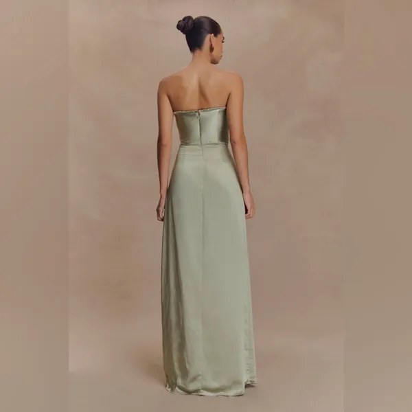 NEW Meshki Sage Green Ruched Petals Larissa Strapless Satin Maxi Dress - Image 2