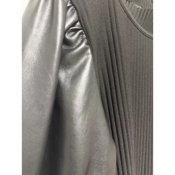 Marc New York Andrew Marc Black Ribbed Mock Neck Faux‎ Leather Puff Sleeve Top L - Image 9