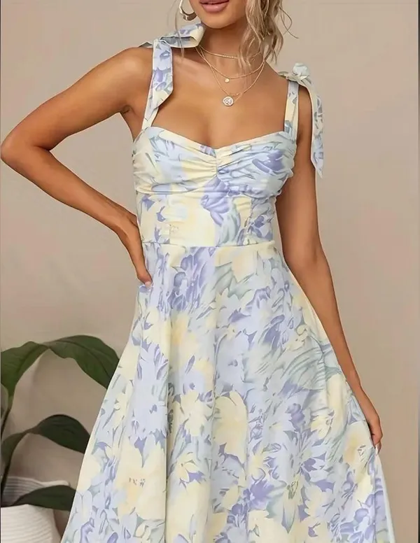 Light Yellow and Blue Floral Sundress with Tie Straps - Image 2