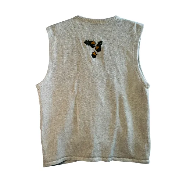 Vtg Bobbie Brooks Sweater Vest Embroidered Fall Harvest Acorn Nature Ramie Tan L - Image 2