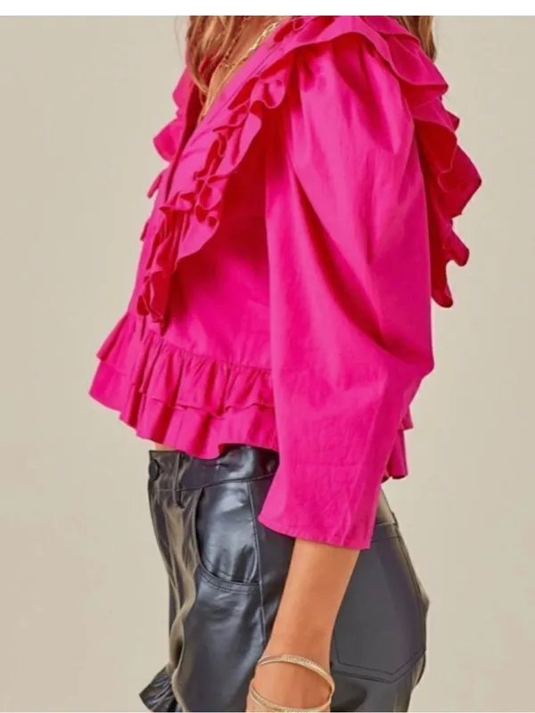 Feminine Ruffled V-Neck Peplum Blouse in Hot Pink - Image 12