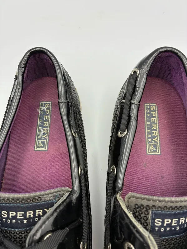 Sperry Womens Black Patent Sequined Boat Shoes Size 9M Stylish Casual Slip Ons - Image 9