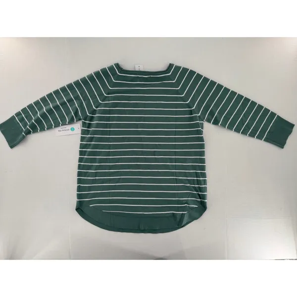Pink Clover Sweater Sz L Green Striped Lightweight Knit Curved Hem Layering Fall - Image 3
