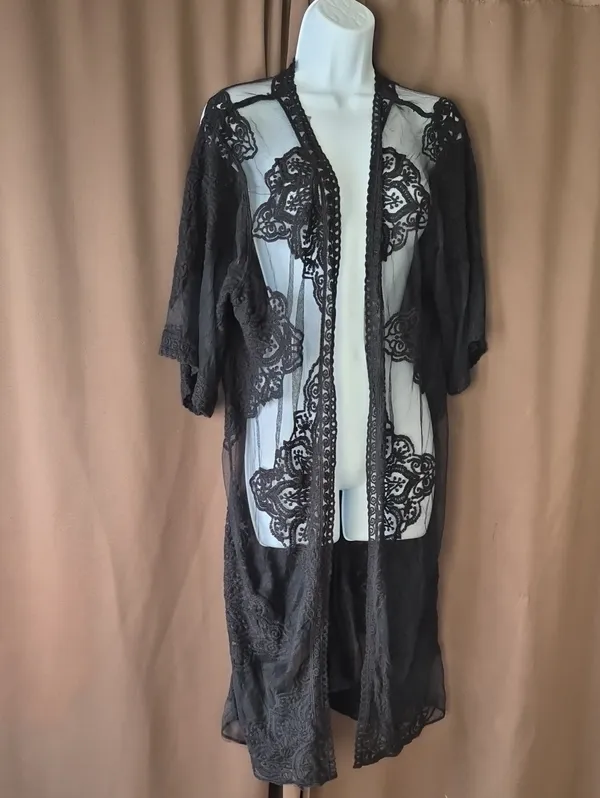 Black Sheer Boho Pullover Lace Kimono Robe Womens Top Flowy Sku 0010 - Image 3