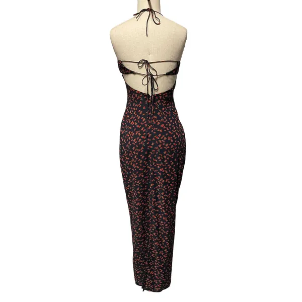 White Fox Black Floral Slip Dress Open Back Tie Maxi Small - Image 8
