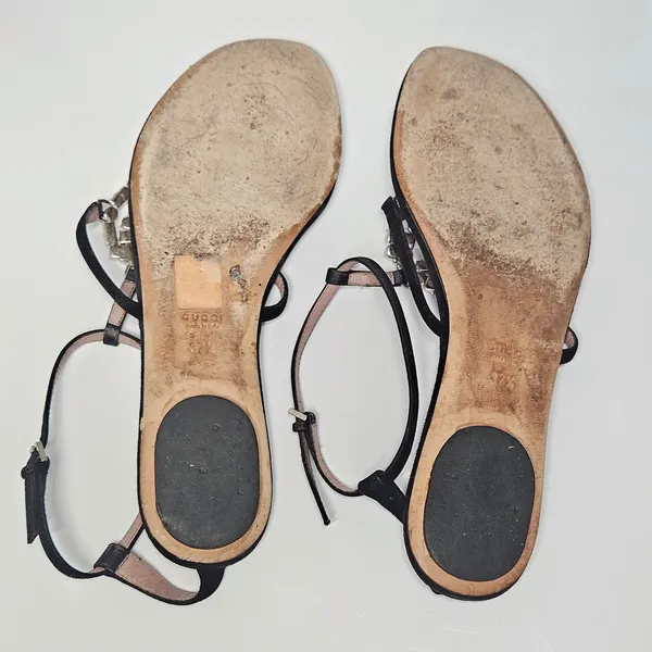 Gucci Black Suede Crystal Interlocking G T-Strap Flat Sandals Glam Size 37.5 - Image 12