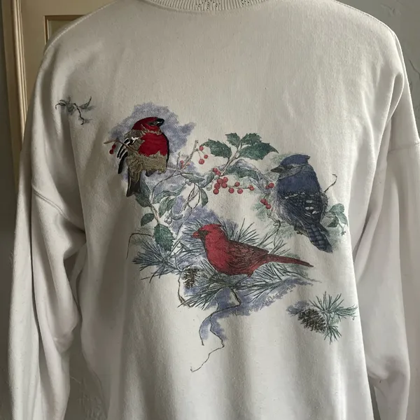 Vintage 90s Cardinal Winter Scene White Sweatshirt Bluejay Birds Snowflake Large - Image 2