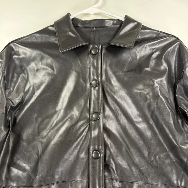 Fashion Womens Black Faux Leather Button Down Shirt‎ Oversized Shacket NEW Small - Image 8