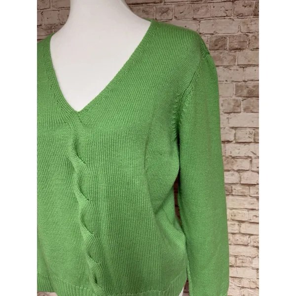 Talbots Green Wool Cashmere Cable Knit Detail V-Neck‎ Sweater Women's Size L - Image 3