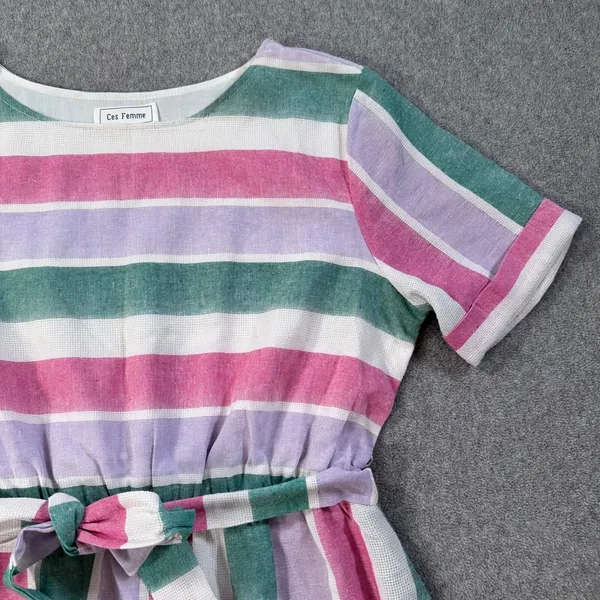 Ces Femme Striped Short Sleeve Dress Women's Large Belted Round Pink Green Purpl - Image 3