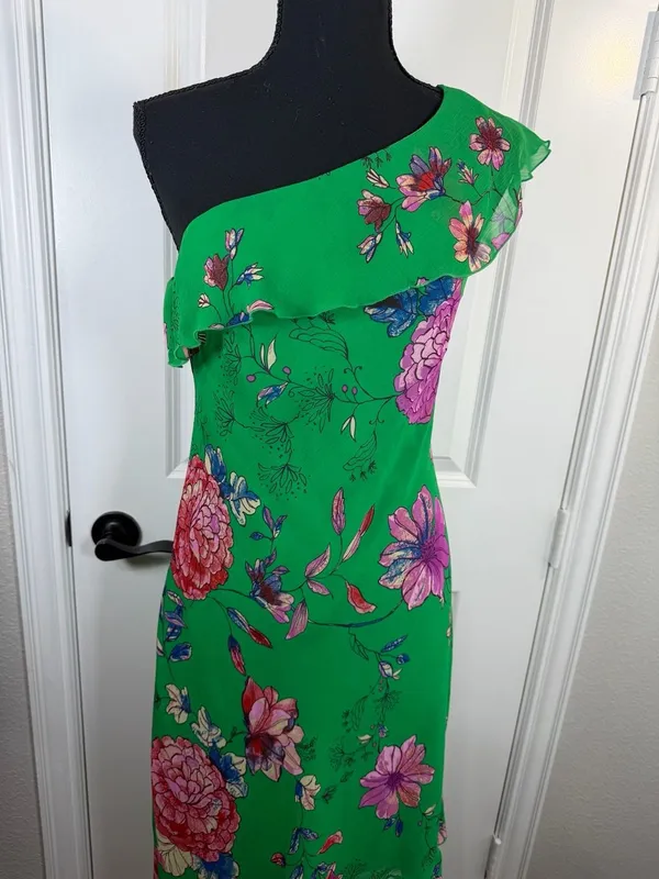 Roz & Ali Green Floral One-Shoulder Ruffle Asymmetrical Hem Dress Size 6 - Image 3