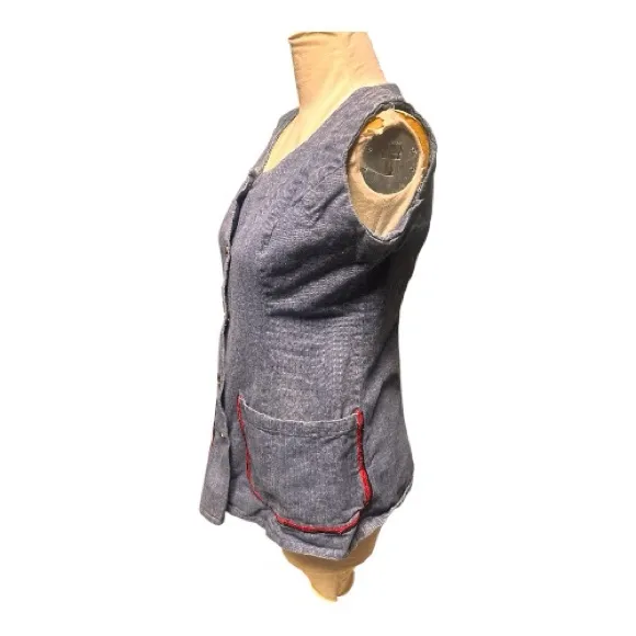 Vintage 70s blue button up vest red trim front pockets Handmade Small - Image 4