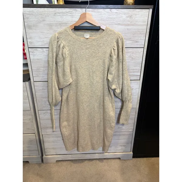 A New Day Women Oatmeal Beige Puff Sleeve Knit Sweater Dress Size M - Image 2