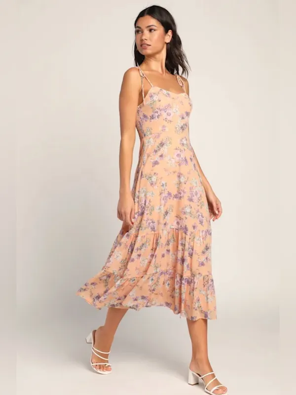 Lulus women’s Started With a Kiss Orange Floral Print Tie-Strap Tiered Dress L - Image 2