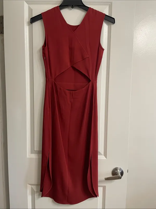 ALC Frank Size 2 Sleeveless Shift Dress Cut Out Back Brick Color Midi Slit - Image 4