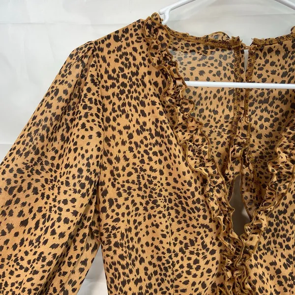 Women's brown leopard print ruffle deep v-neck flowy long‎ sleeve casual dress S - Image 3