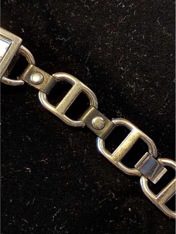 Vintage Women's Watch Silver Tone Rectangular Black Leather Stirrup Links - Image 2