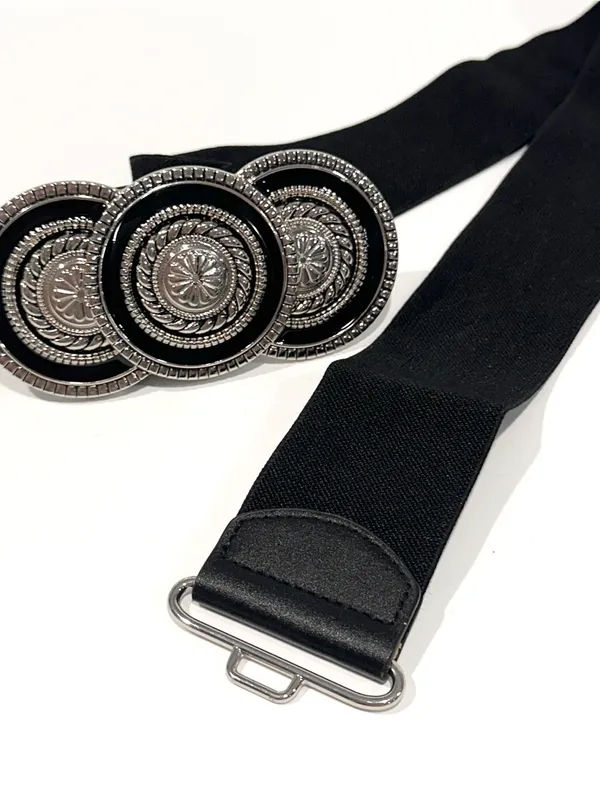 Vintage Black Elastic Belt w/ Silver Statement Buckle - Image 3