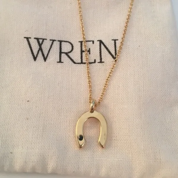 NEW WREN Horseshoe Pendant Necklace 14k Gold Plated Sapphire Chip - Image 3