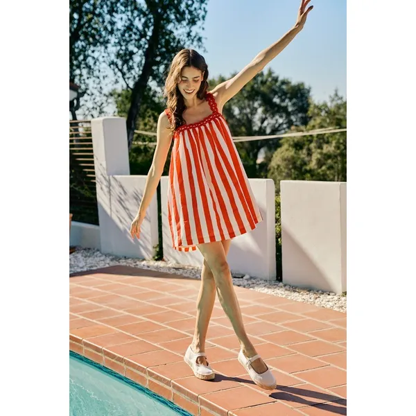 SO ME Stripe Cotton Scallop Side Pocket Lined Mini Dress Red - Small - Image 7